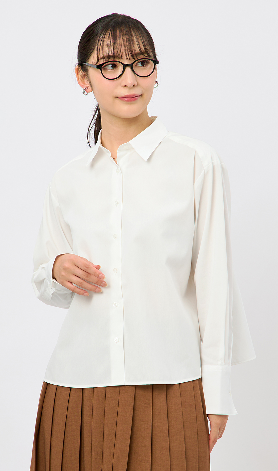 レギュラーカラーショート丈シャツ【長袖】 ホワイト M