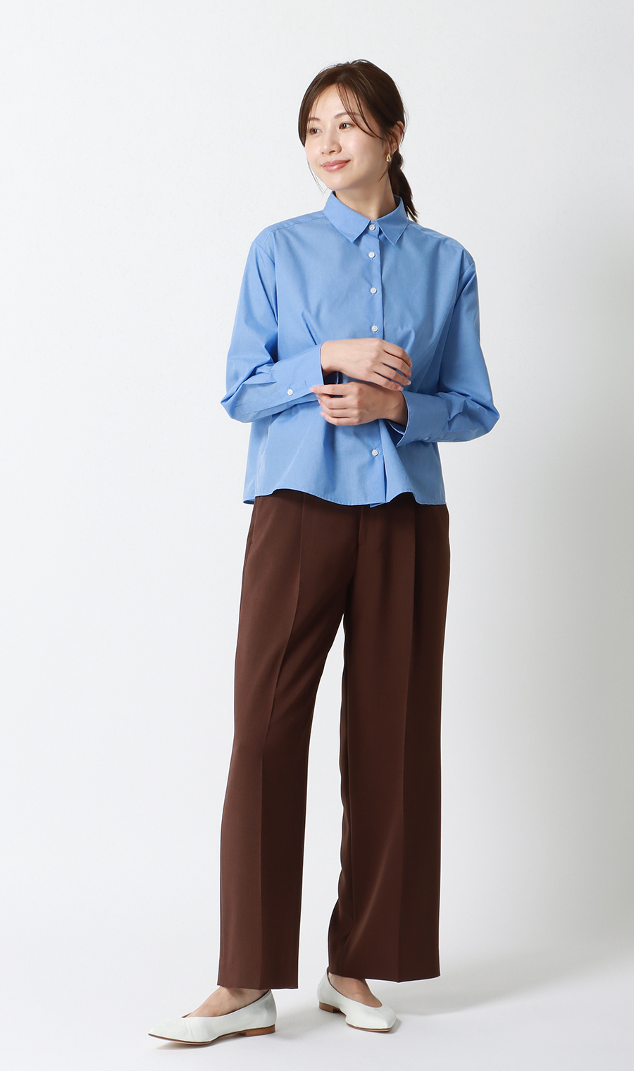 レギュラーカラーショート丈シャツ【長袖】 ブルー M