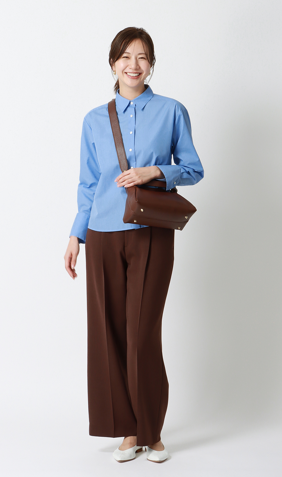 レギュラーカラーショート丈シャツ【長袖】 ブルー M