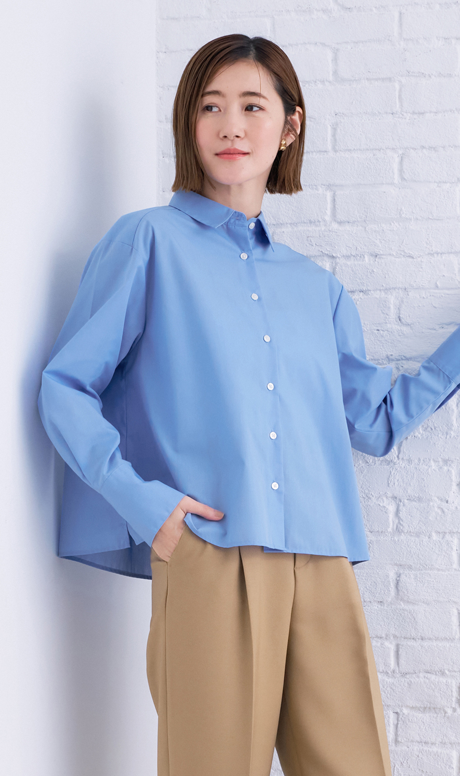 レギュラーカラーショート丈シャツ【長袖】 ブルー M