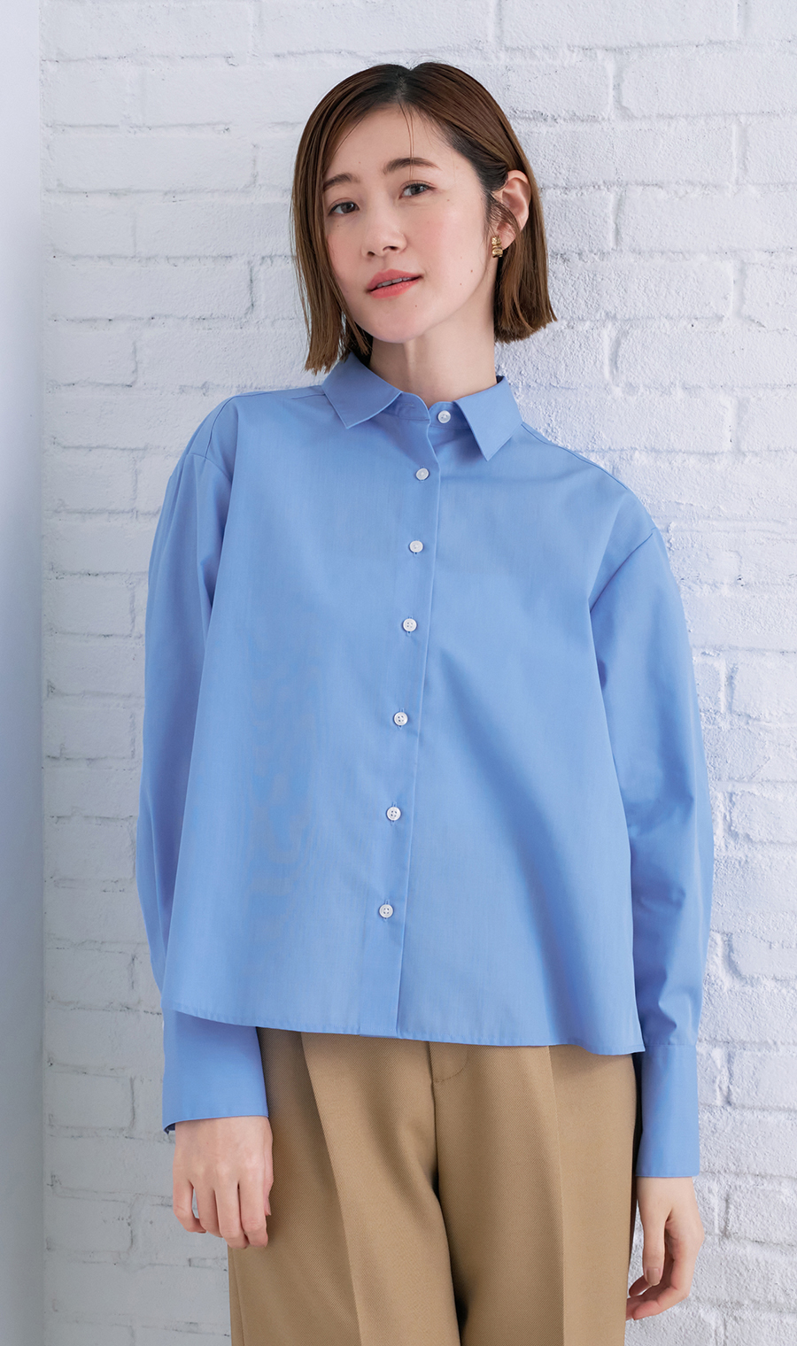 レギュラーカラーショート丈シャツ【長袖】 ブルー M