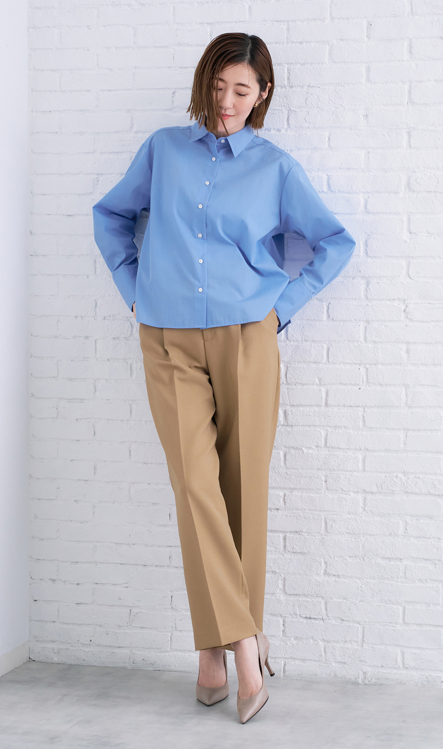 レギュラーカラーショート丈シャツ【長袖】 ブルー M