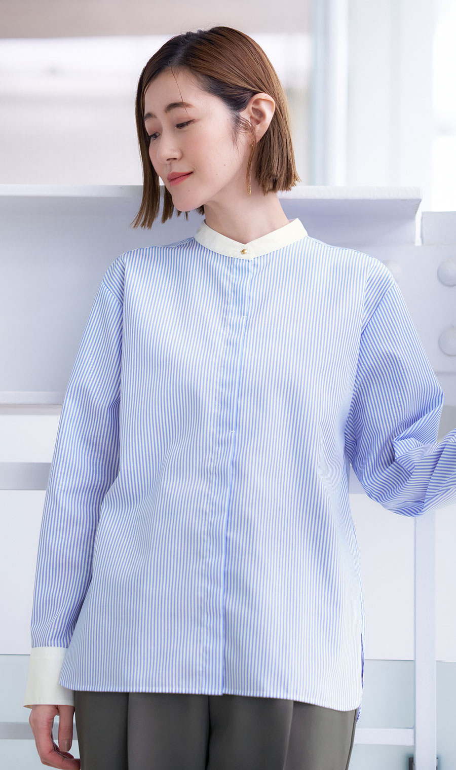 バンドカラークレリックシャツ【長袖】 ブルー M