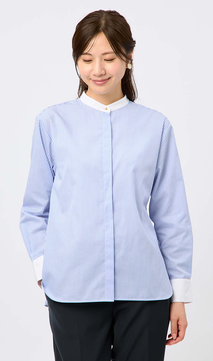 極美品　BARBA　バンドカラーシャツ　長袖　イタリア製　シャンブレー　ブルー 000000003757_jhIGjCq.jpg