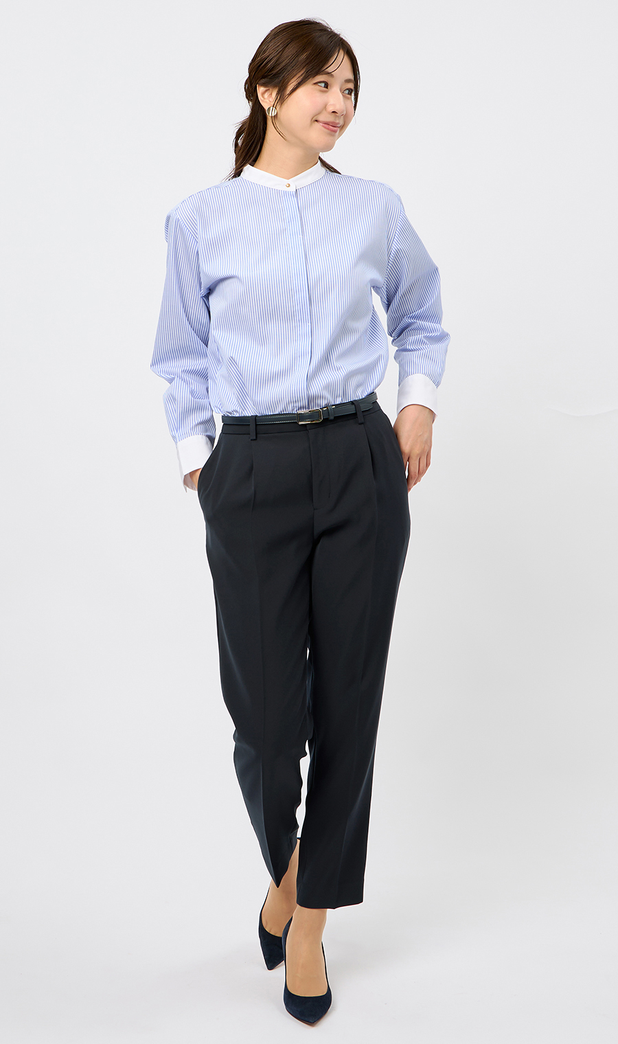 バンドカラークレリックシャツ【長袖】 ブルー M