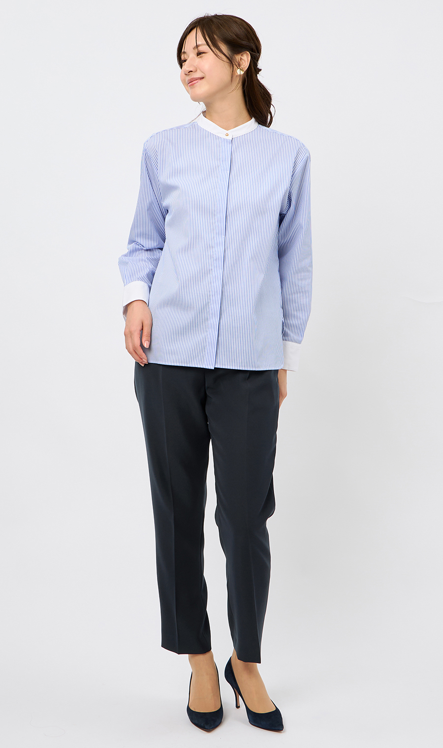 バンドカラークレリックシャツ【長袖】 ブルー M