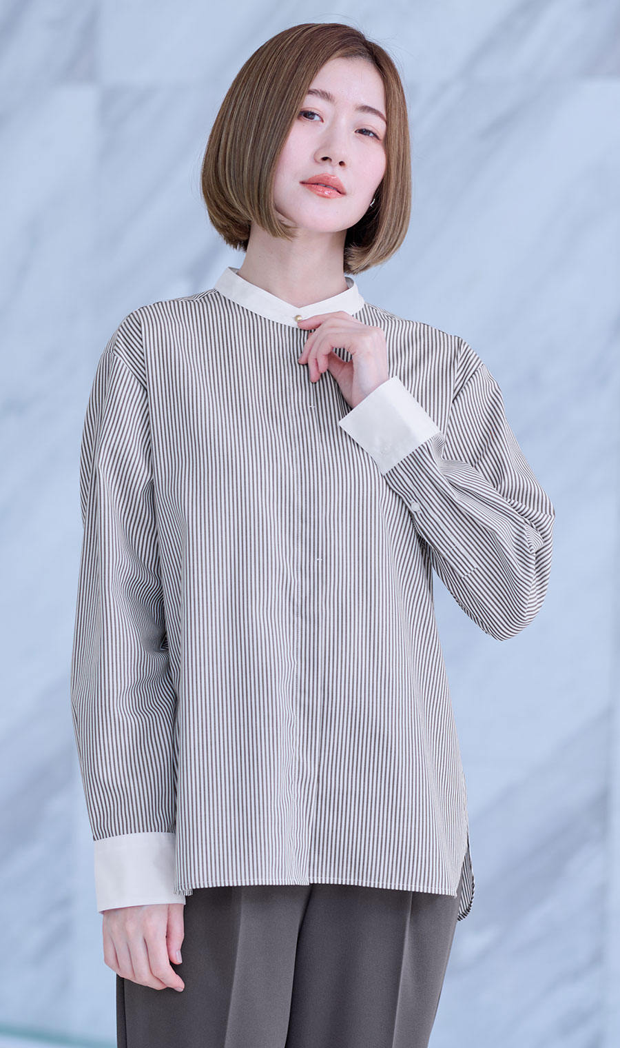 バンドカラークレリックシャツ【長袖】 ブラウン M