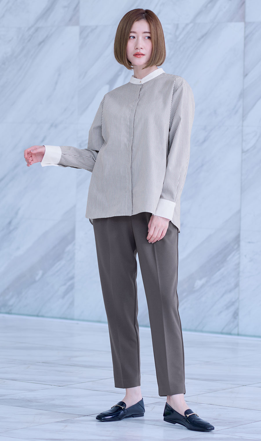 バンドカラークレリックシャツ【長袖】 ブラウン M