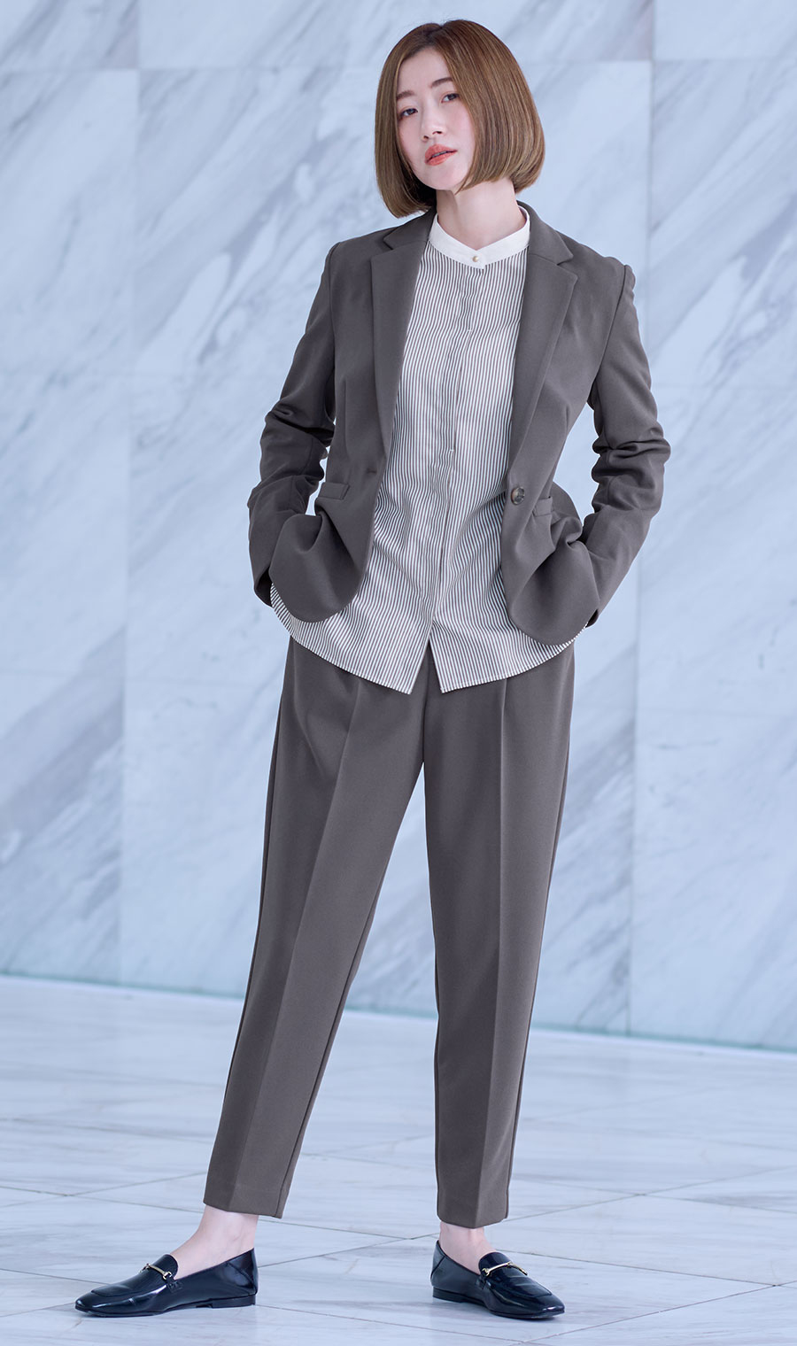 バンドカラークレリックシャツ【長袖】 ブラウン M