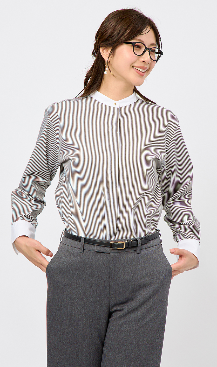 バンドカラークレリックシャツ【長袖】 ブラウン M