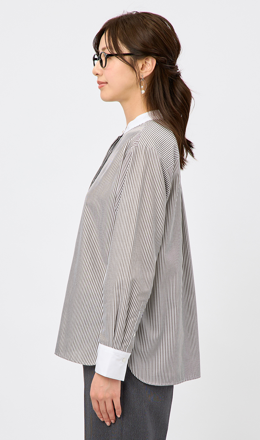 バンドカラークレリックシャツ【長袖】 ブラウン M