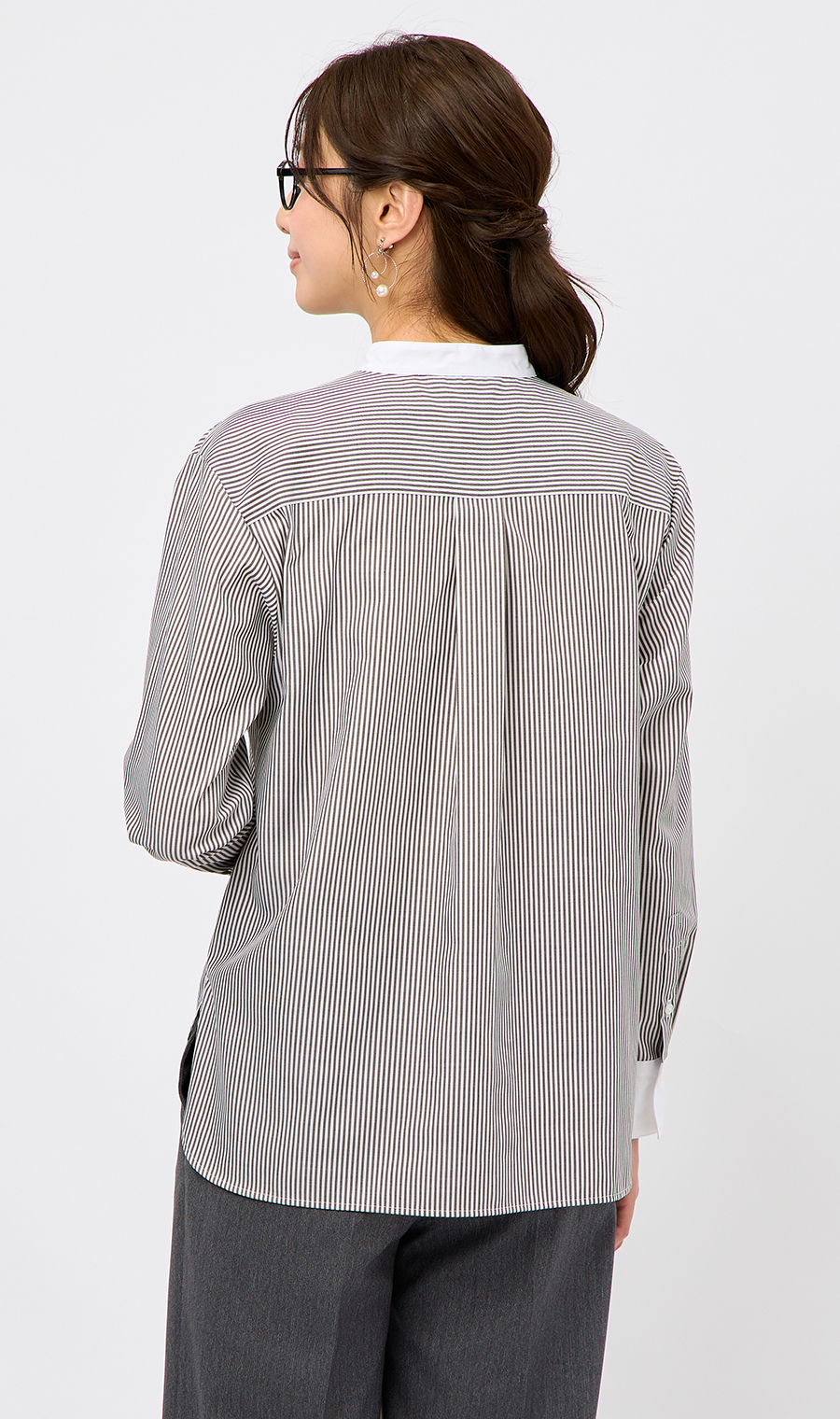 バンドカラークレリックシャツ【長袖】 ブラウン M