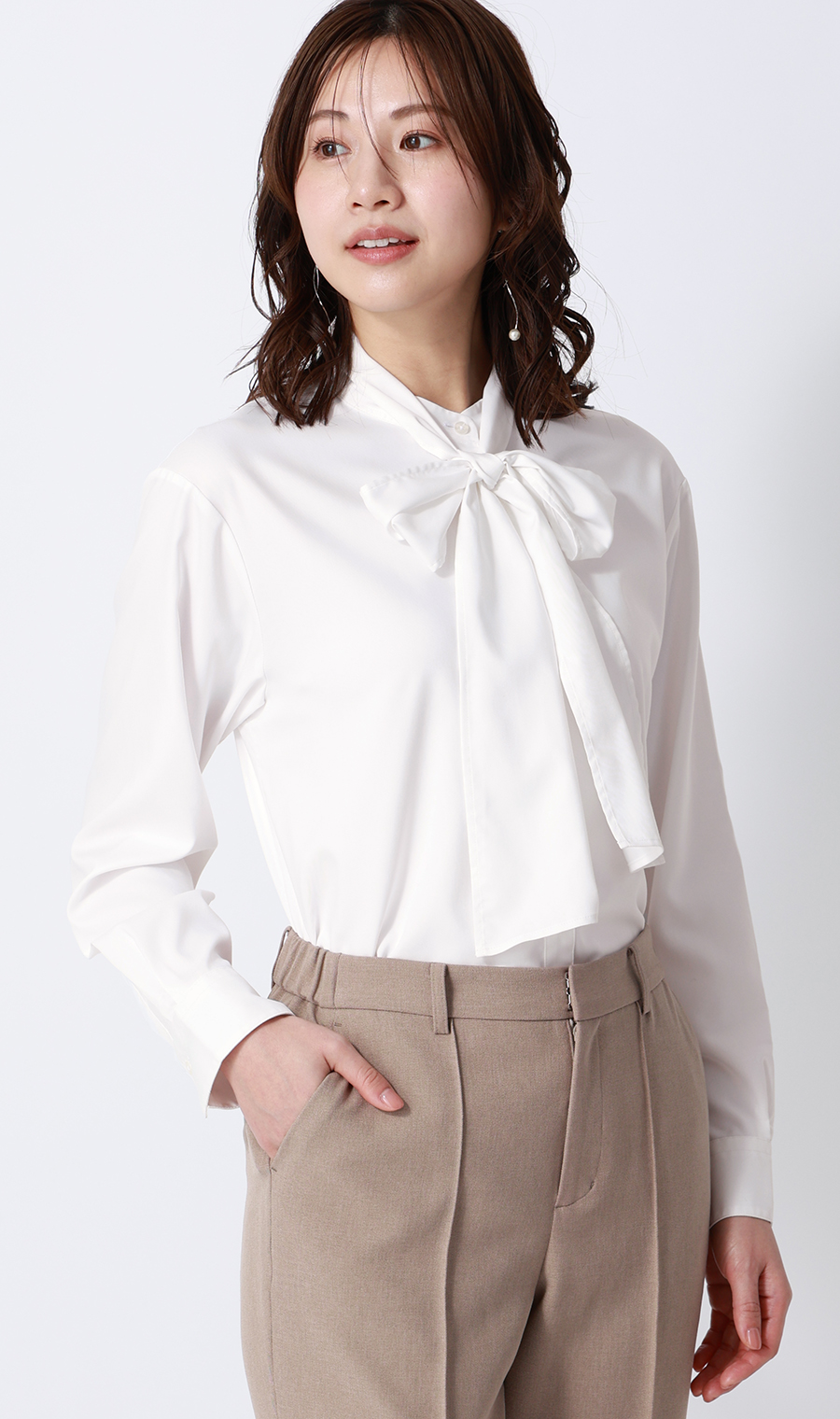 バンドカラーボウタイシャツ【長袖】【2WAY】 ホワイト M