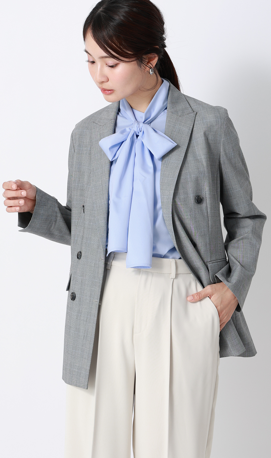 Band Collar Bow Tie Shirt [Long Sleeve] [2-Way] Blue M