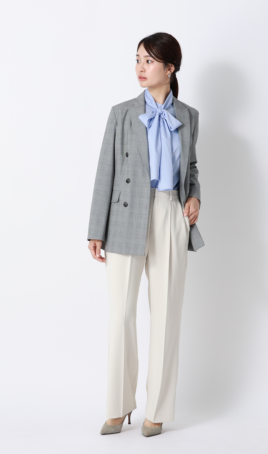 Band Collar Bow Tie Shirt [Long Sleeve] [2-Way] Blue M