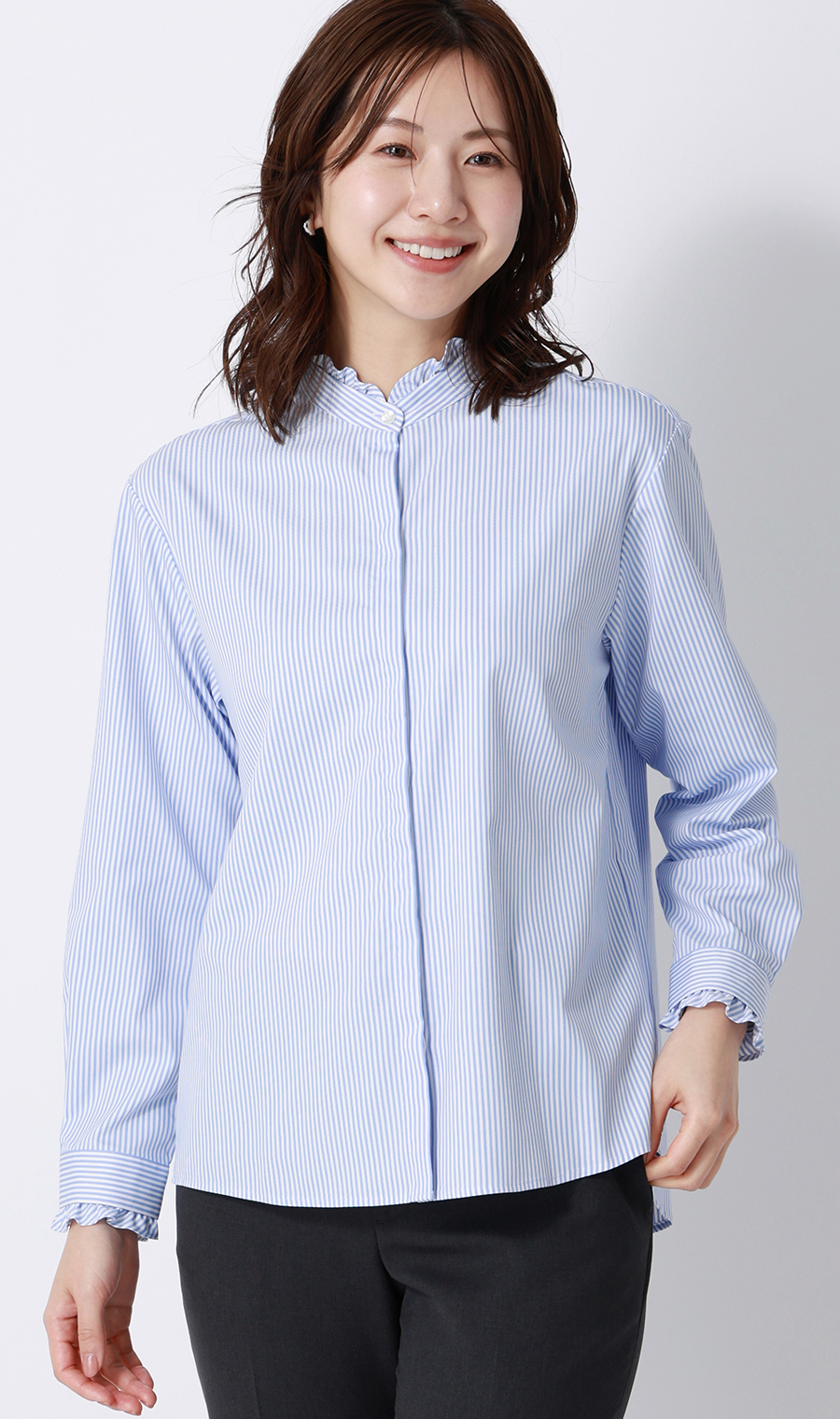 バンドカラーフリルブラウス【4WAY】【長袖】 ブルー M