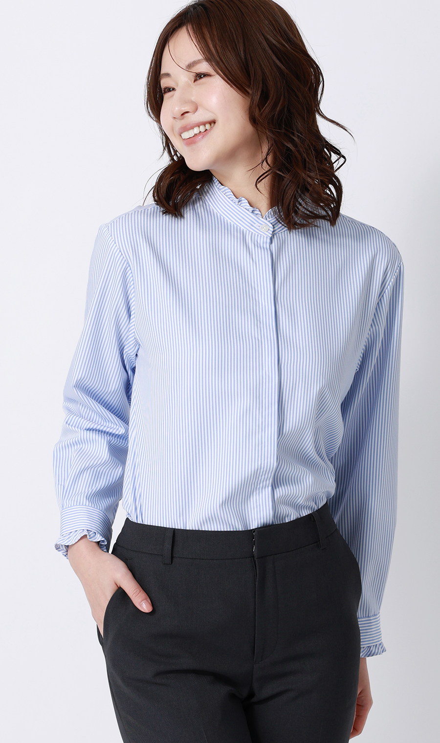 バンドカラーフリルブラウス【4WAY】【長袖】 ブルー M