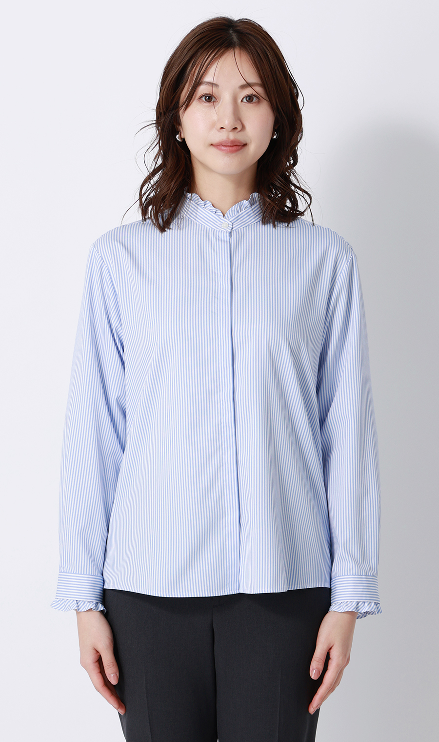 バンドカラーフリルブラウス【4WAY】【長袖】 ブルー M