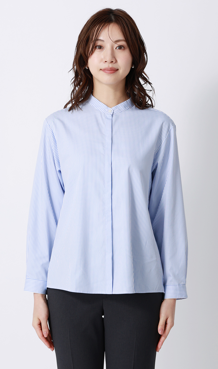 バンドカラーフリルブラウス【4WAY】【長袖】 ブルー M