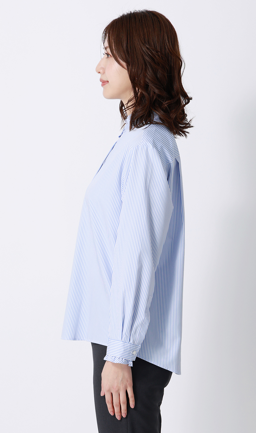 バンドカラーフリルブラウス【4WAY】【長袖】 ブルー M