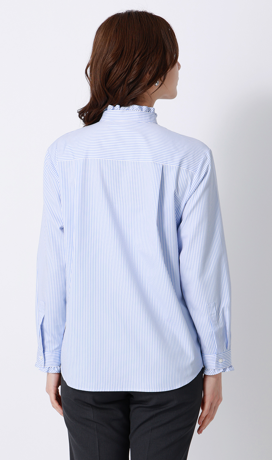 バンドカラーフリルブラウス【4WAY】【長袖】 ブルー M