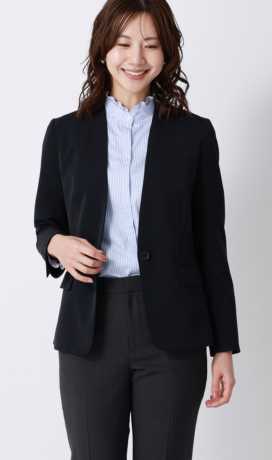 バンドカラーフリルブラウス【4WAY】【長袖】 ブルー M