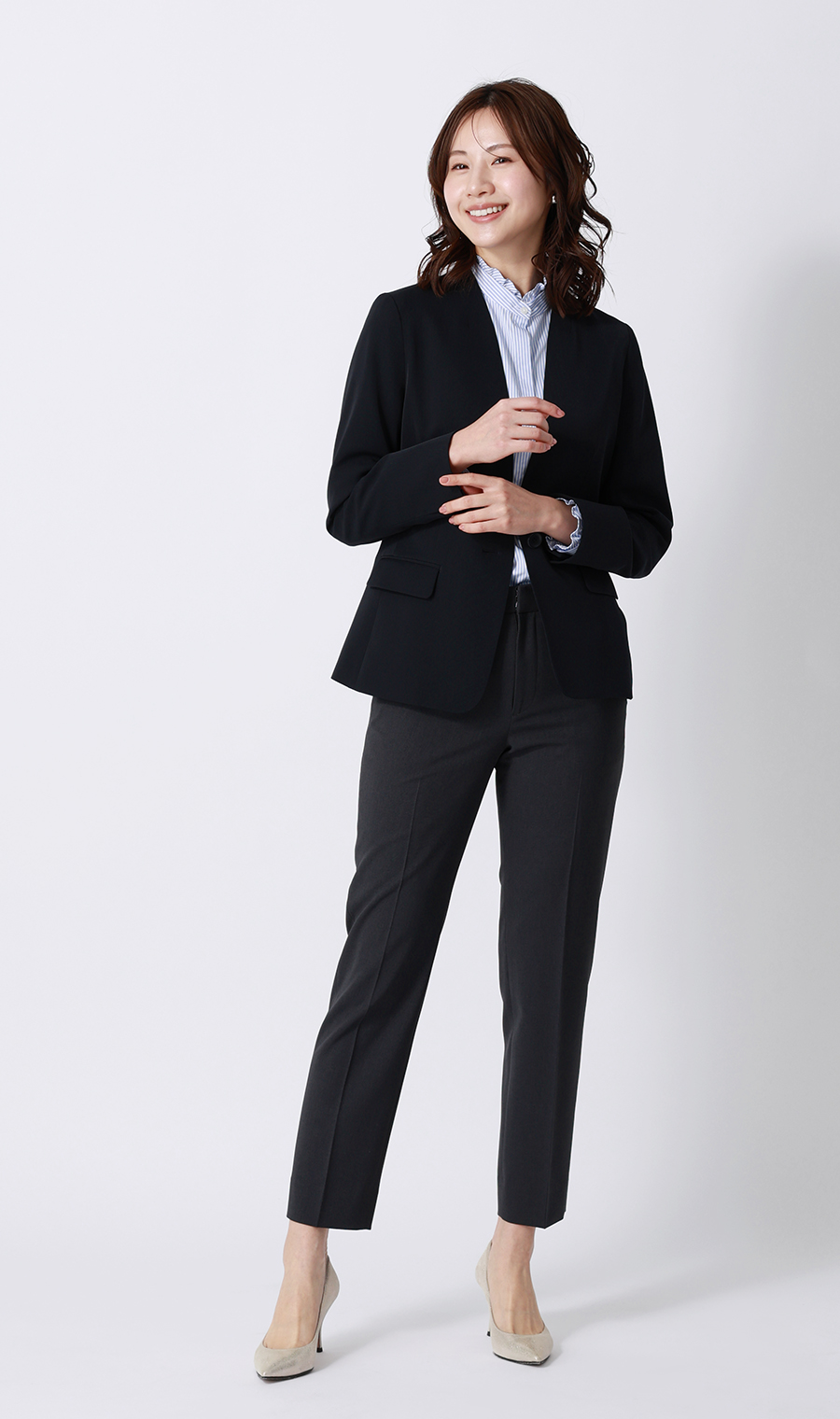 バンドカラーフリルブラウス【4WAY】【長袖】 ブルー M