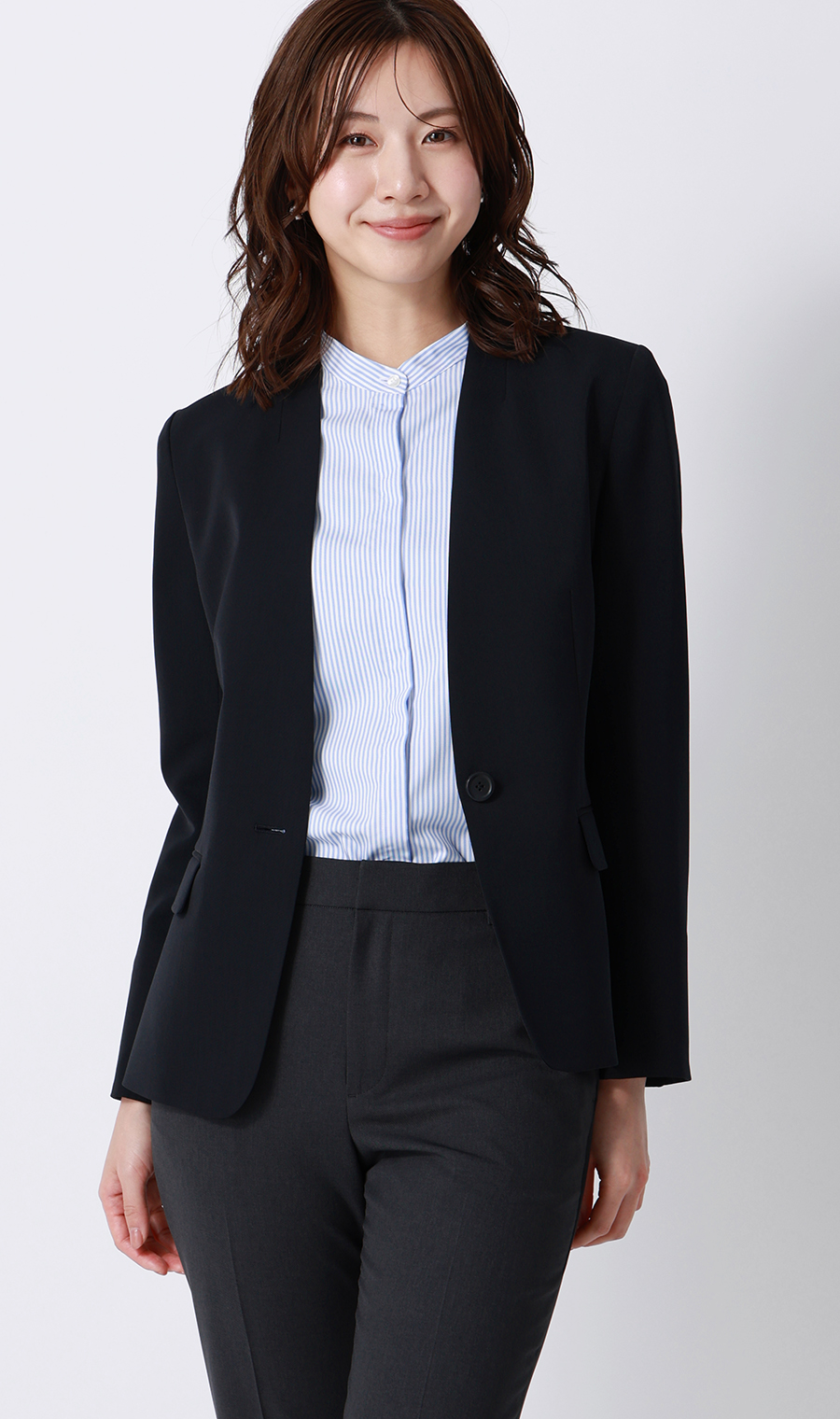 バンドカラーフリルブラウス【4WAY】【長袖】 ブルー M