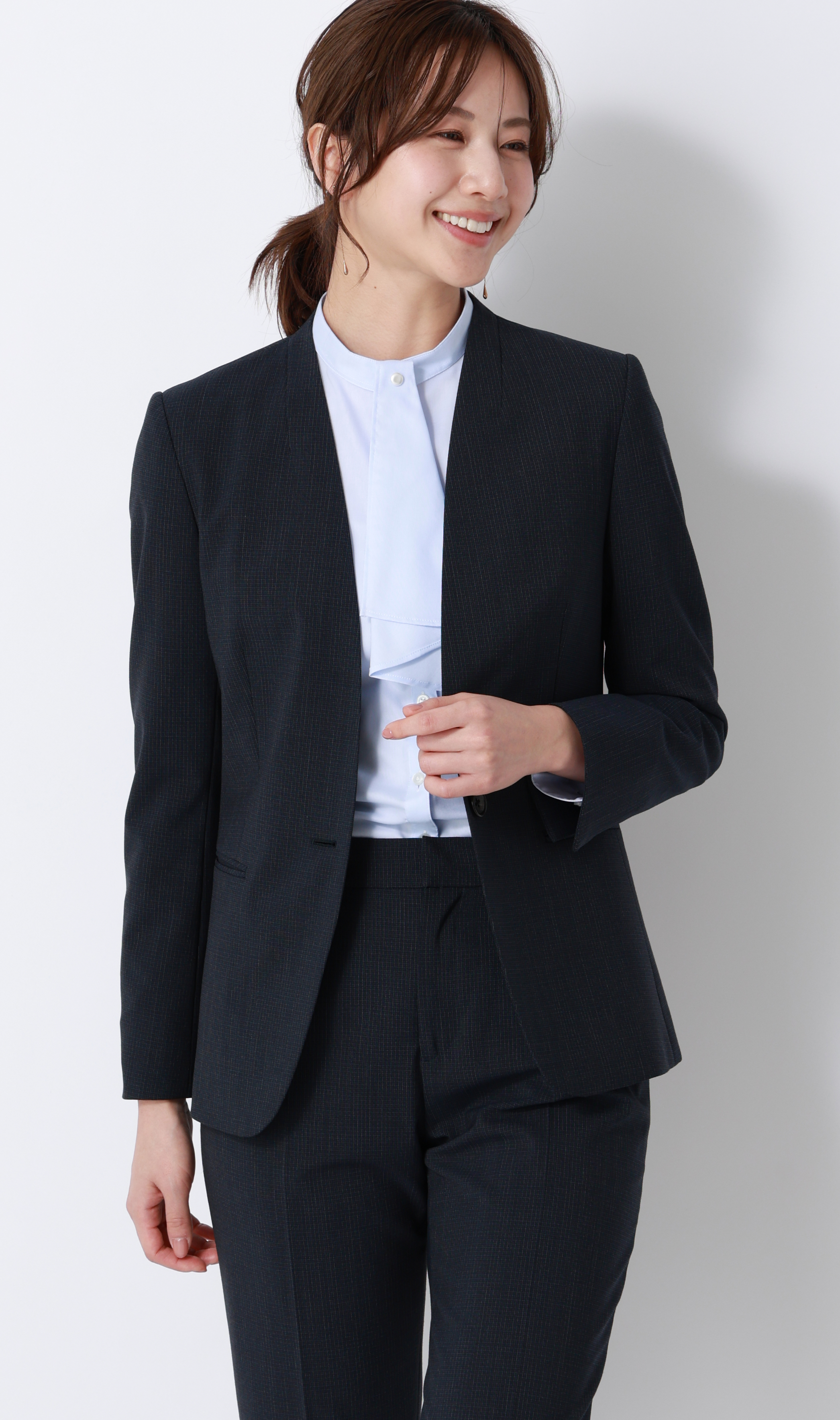 バンドカラー2WAYボウタイブラウス【長袖】【スーピマコットン】 サックス 07