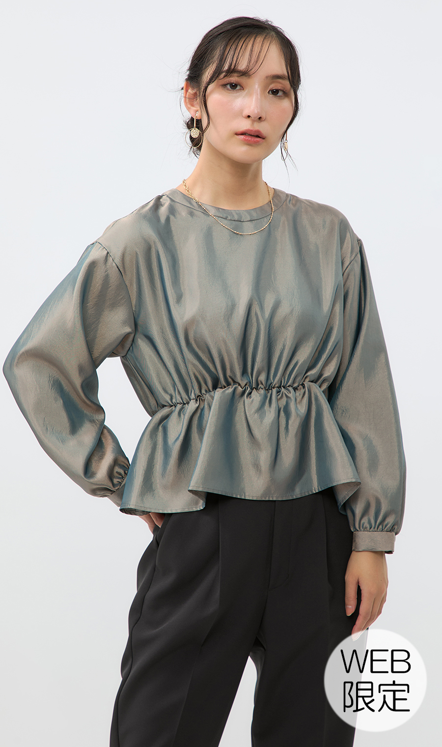 ウエストギャザーシャンブレーブラウス【WEB限定】 カーキ M