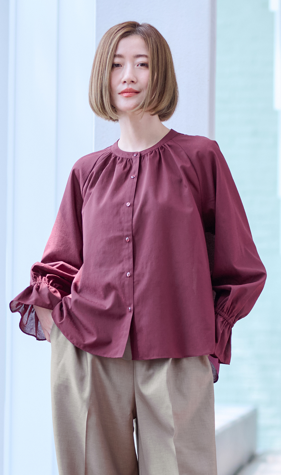 シアーブラウス【長袖】 ワイン S
