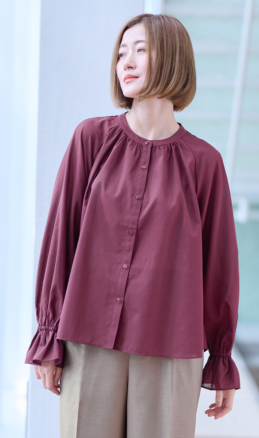 シアーブラウス【長袖】 ワイン S
