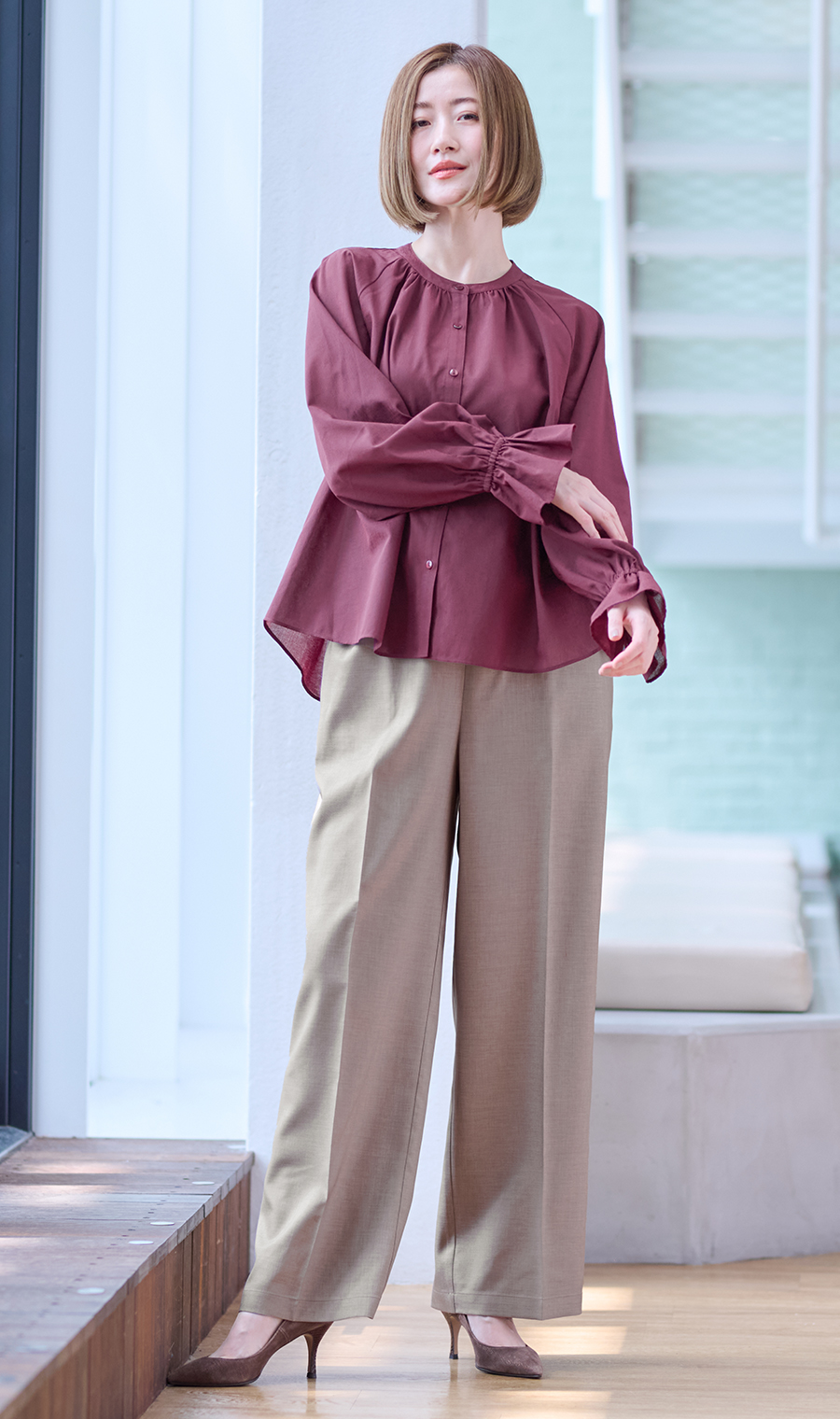 シアーブラウス【長袖】 ワイン S