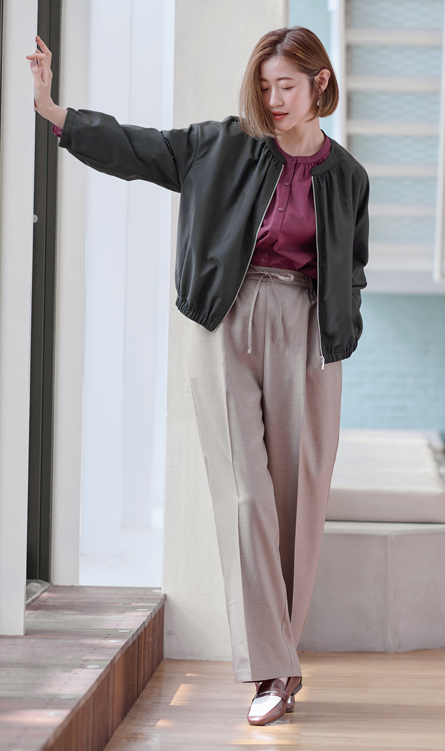 シアーブラウス【長袖】 ワイン S