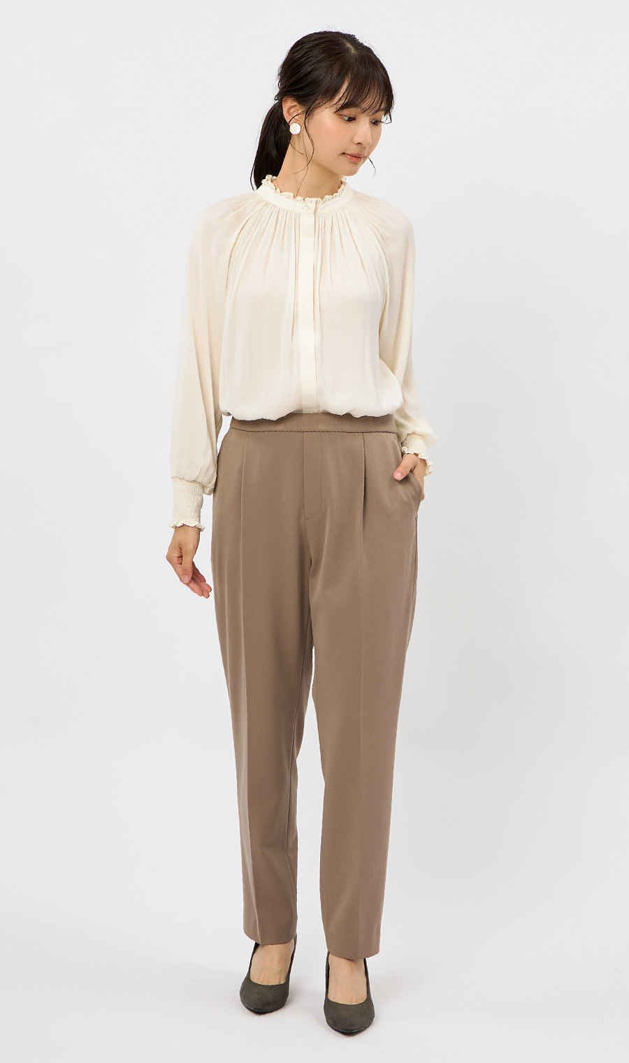 フリル襟ブラウス【前後2WAY】【長袖】 クリーム S