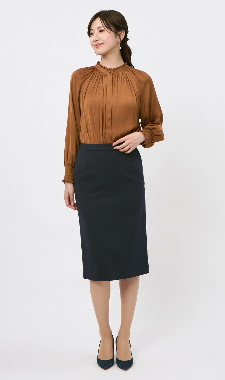 フリル襟ブラウス【前後2WAY】【長袖】 ブラウン S