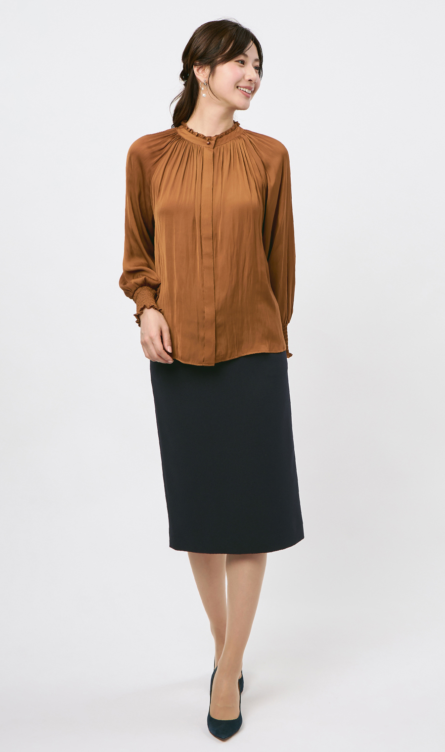 フリル襟ブラウス【前後2WAY】【長袖】 ブラウン S