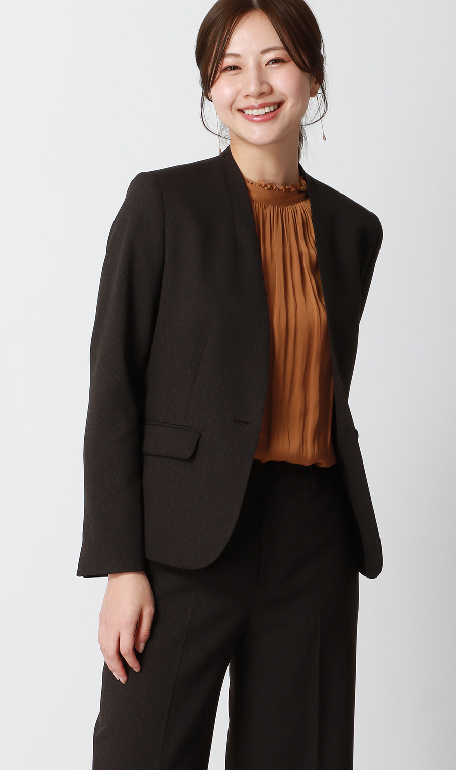 フリル襟ブラウス【前後2WAY】【長袖】 ブラウン S