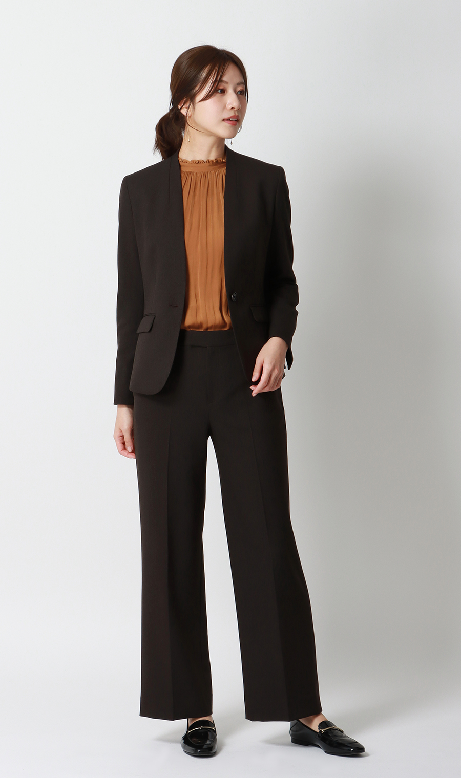 フリル襟ブラウス【前後2WAY】【長袖】 ブラウン S