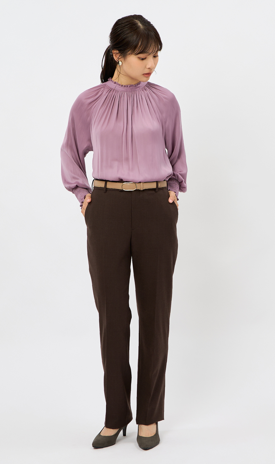 フリル襟ブラウス【前後2WAY】【長袖】 ピンク S