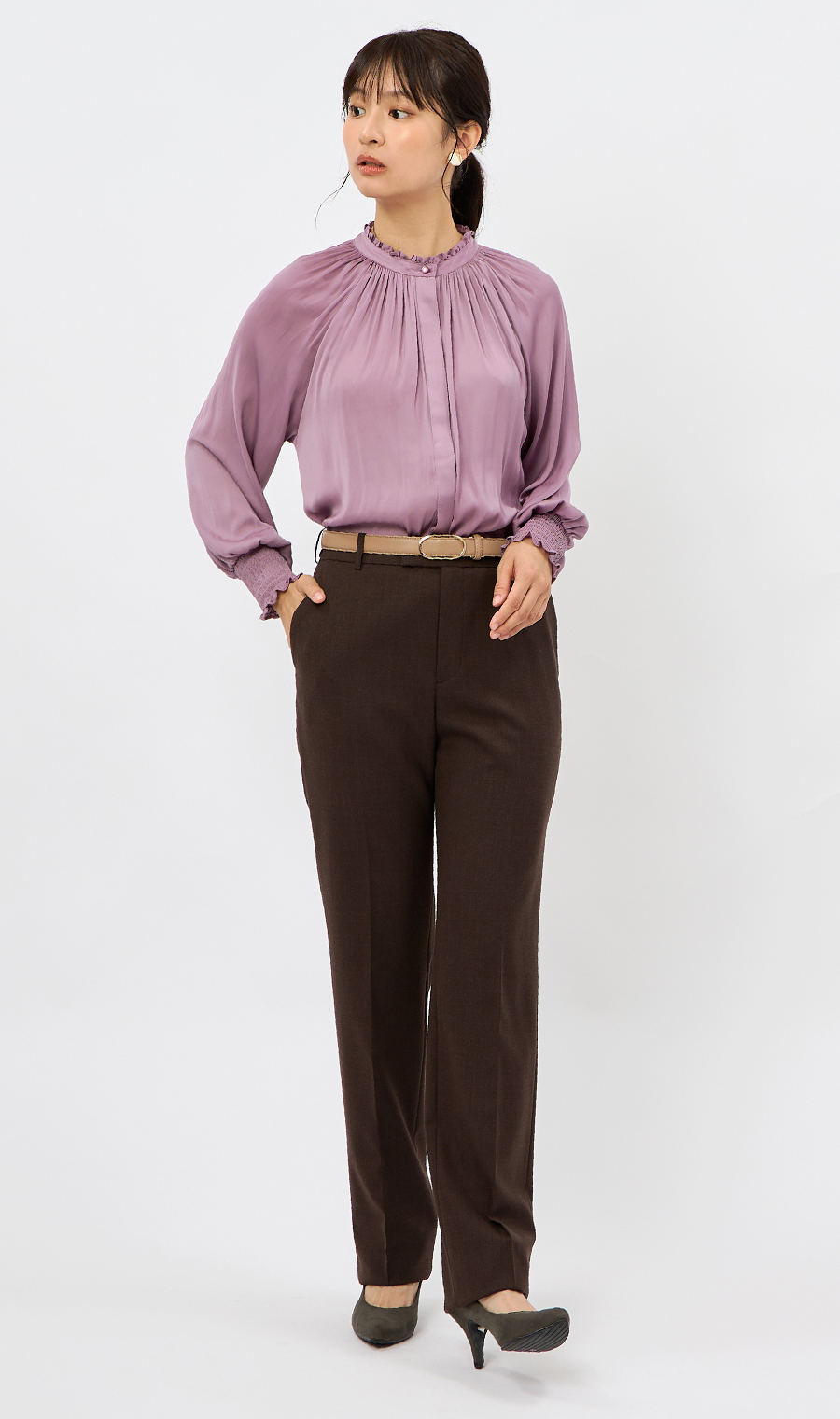 フリル襟ブラウス【前後2WAY】【長袖】 ピンク S