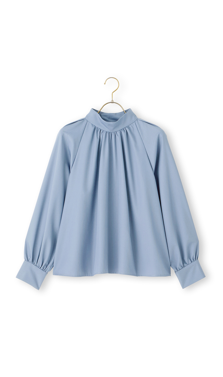 ハイネックギャザーブラウス【長袖】 ブルー M