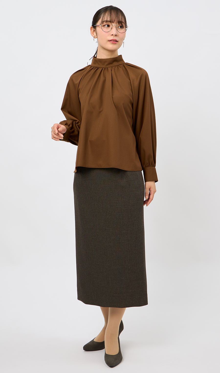 ハイネックギャザーブラウス【長袖】 ブラウン M