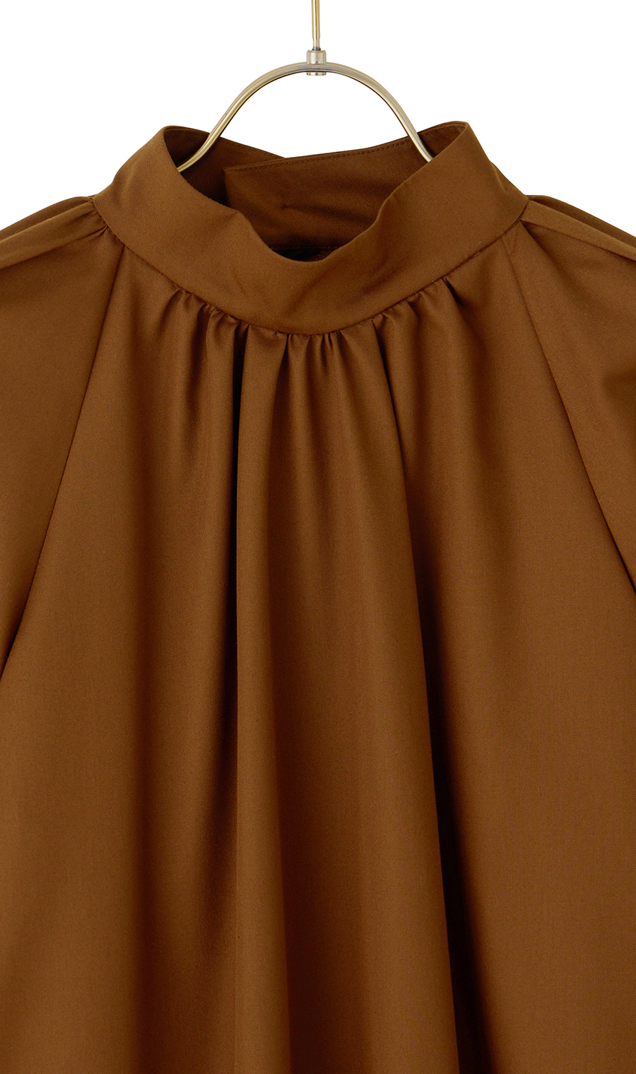 ハイネックギャザーブラウス【長袖】 ブラウン M