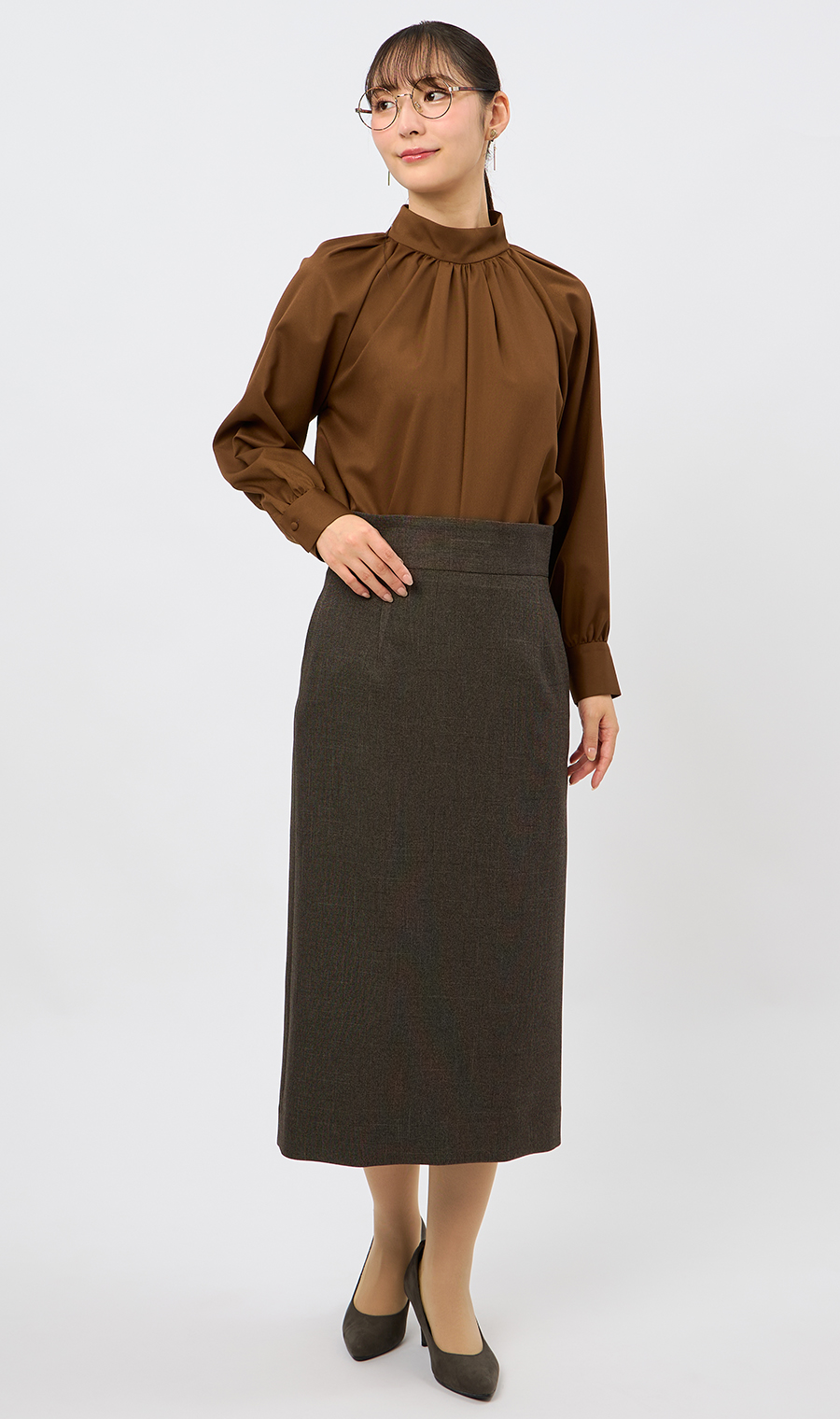 ハイネックギャザーブラウス【長袖】 ブラウン M