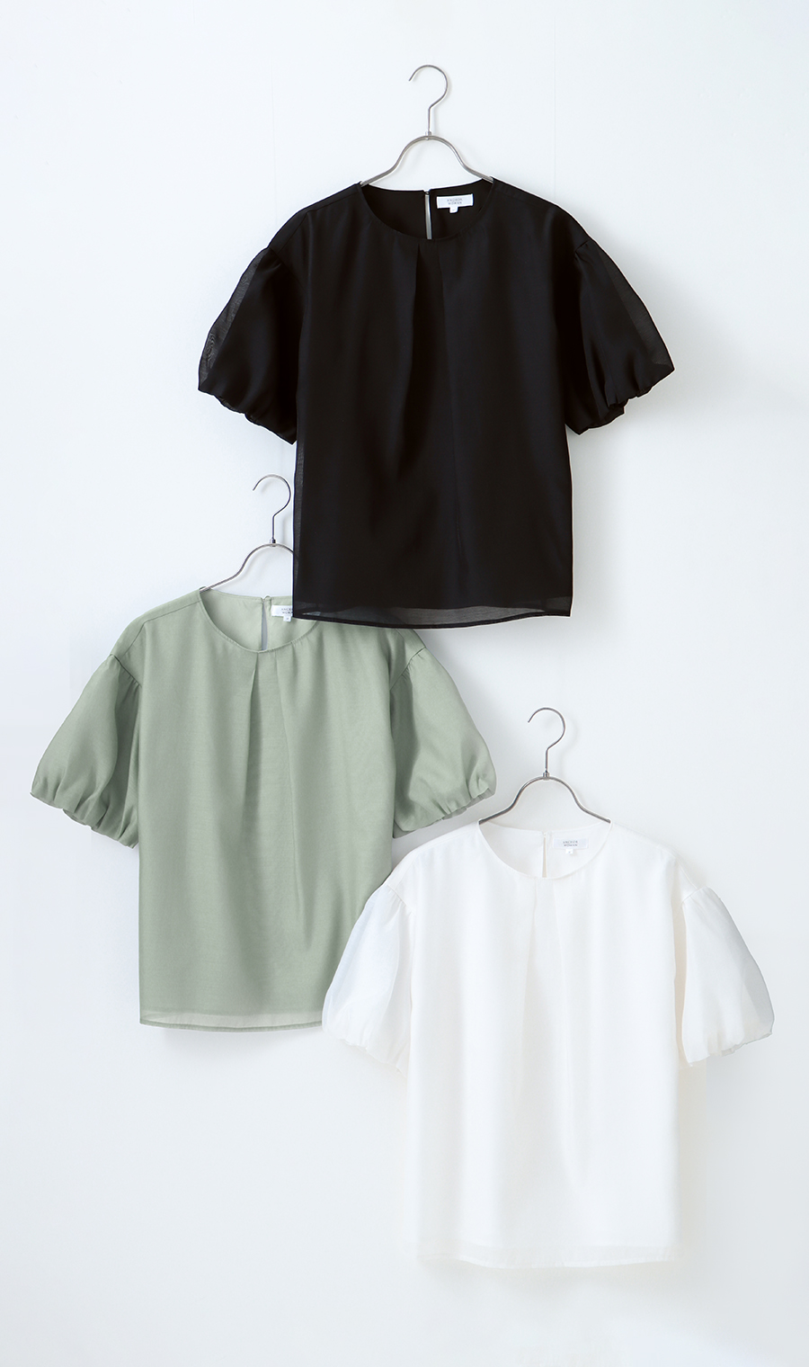 パフスリーブシアーブラウス【5分袖】 グリーン M