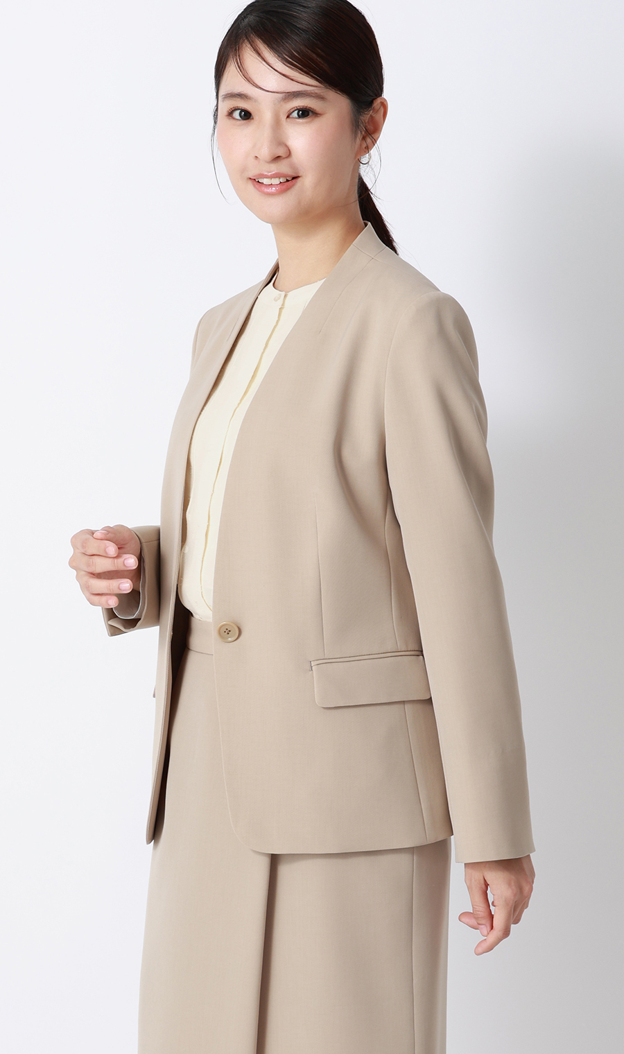 バンドカラーカットジャガードブラウス【長袖】 クリーム S