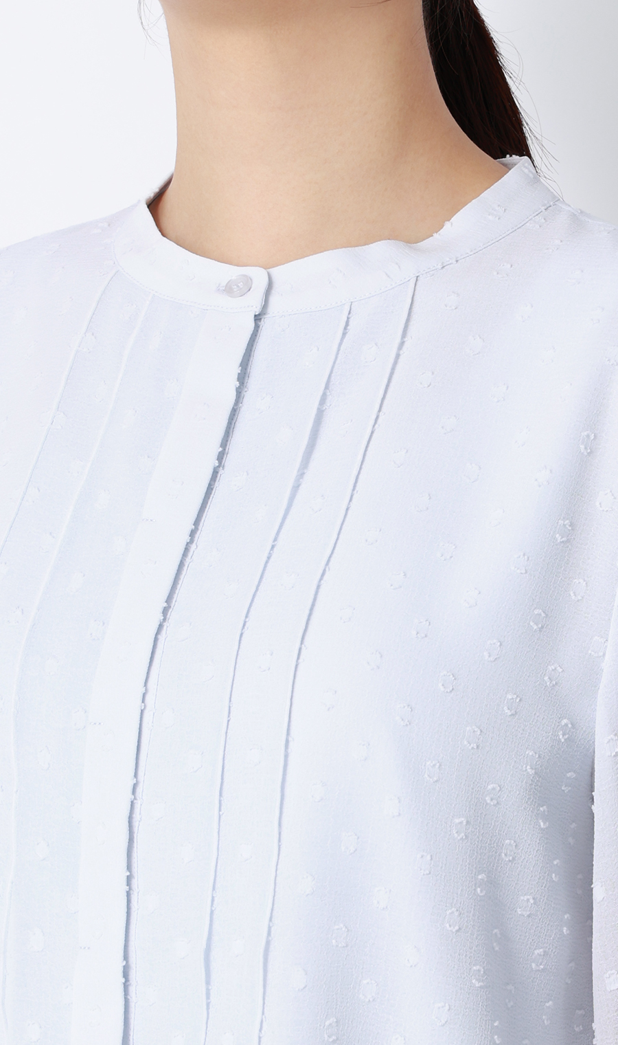 バンドカラーカットジャガードブラウス【長袖】 サックス S