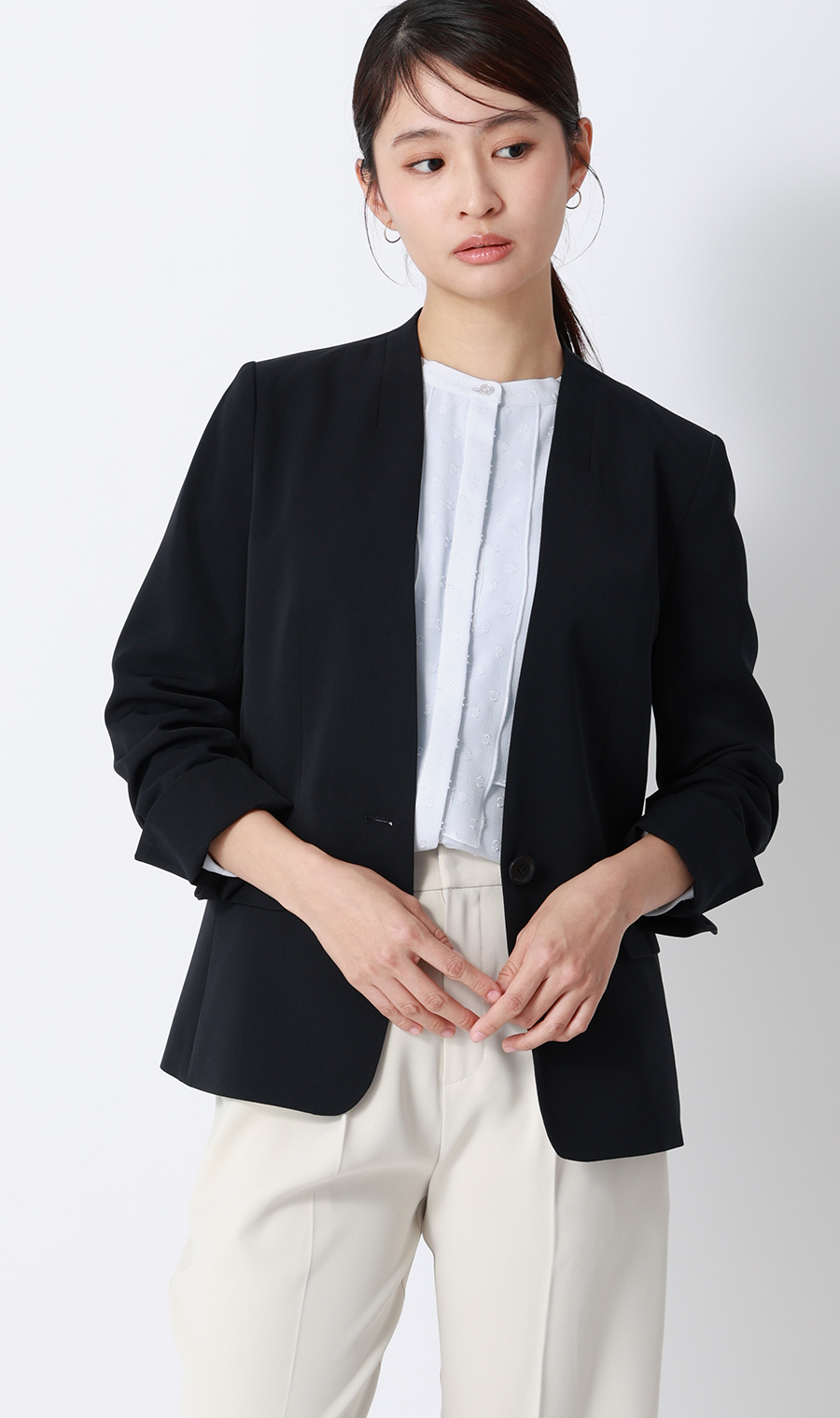 バンドカラーカットジャガードブラウス【長袖】 サックス S