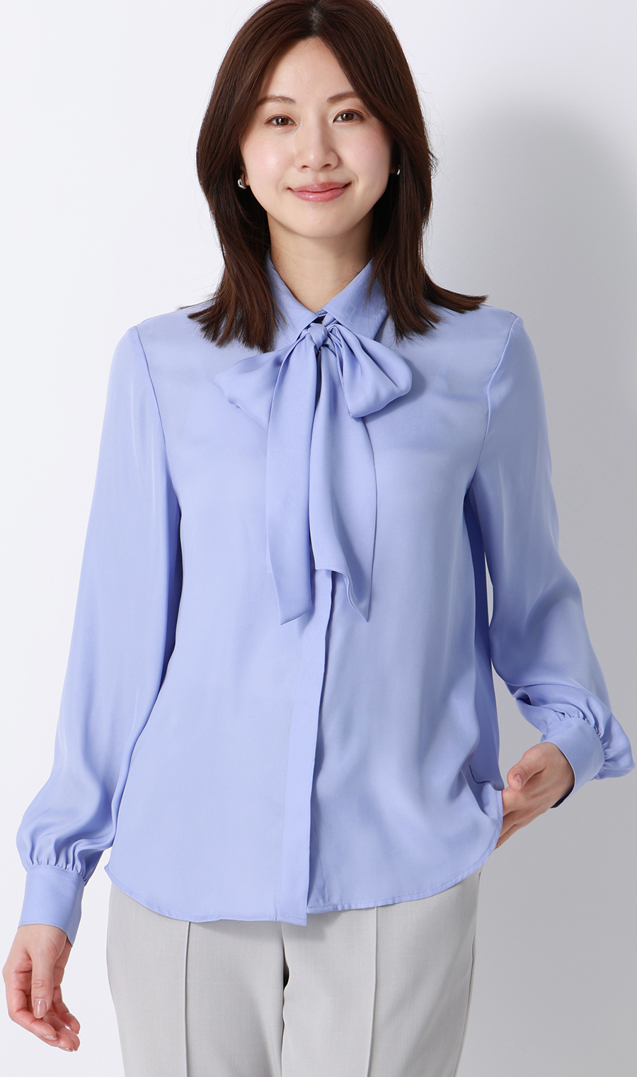 ボウタイ付きとろみシャツ【長袖】【2WAY】 サックス M